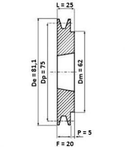 Poulie 1 gorge diamètre 75 mm pour courroie trapézoidale de 13,00 mm - Schéma