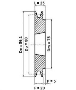 Poulie 1 gorge diamètre 80 mm pour courroie trapézoidale de 13,00 mm - Schéma