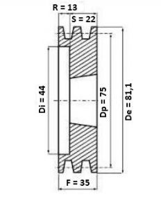 Poulie 2 gorges diamètre 75 mm pour courroie trapézoidale de 13,00 mm - Schéma