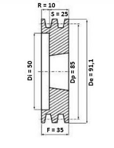 Poulie 2 gorges diamètre 85 mm pour courroie trapézoidale de 13,00 mm - Schéma