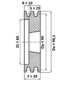 Poulie 2 gorges diamètre 90 mm pour courroie trapézoidale de 13,00 mm - Schéma