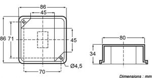 Boite à bornes monobloc fixation 70x71 mm. sans presse-étoupe type CBP80 - Côtes et dimensions