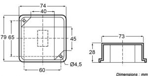 Boite à bornes monobloc fixation 60x65 mm. 2 presse-étoupes type CB63E2 - Côtes et dimensions
