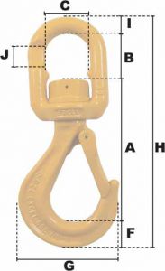 Crochet de levage à émerillon et linguet CMU 2000KG (Haute Résistance) - Côtes et dimensions
