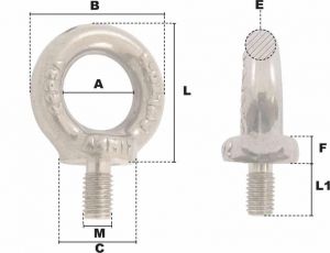 Anneau de levage mâle court M16 (Inox) - Côtes et dimensions