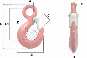 Crochet de levage avec linguet de sécurité CMU 5000kg (Acier) - Côtes et dimensions