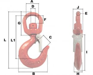 Crochet de levage à émerillon avec linguet de sécurité CMU 3200kg (Acier) - Côtes et dimensions