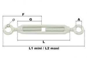 Tendeur à 2 anneaux M10 (Acier) - Côtes et dimensions