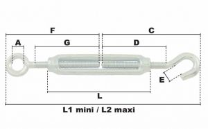Tendeur à un anneau et un crochet M12 (Acier) - Côtes et dimensions