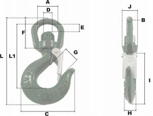 Crochet de levage à linguet à émerillon CMU 11500KG (Haute Résistance) - Côtes et dimensions