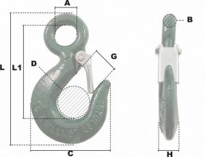 Crochet de levage à linguet à oeil CMU 1250KG (Haute Résistance) - Côtes et dimensions