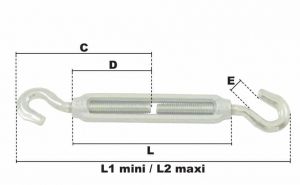 Tendeur à 2 crochets M10 (Acier) - Côtes et dimensions