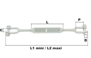 Tendeur à 2 chapes M27 (Acier) - Côtes et dimensions