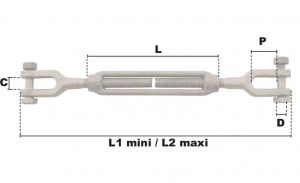 Tendeur à 2 chapes galvanisé à chaud M24 (Acier) - Côtes et dimensions