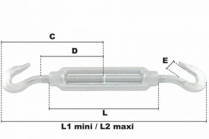 Tendeur à 2 crochets cage DIN1480 M6 (Acier) - Côtes et dimensions