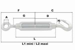 Tendeur à un anneau et un crochet cage DIN1480 M16 (Acier) - Côtes et dimensions