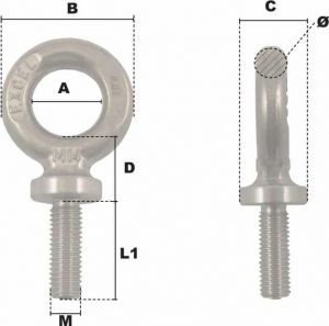 Anneau de levage mâle long M16 (Inox) - Côtes et dimensions