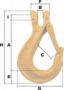 Crochet de levage à chape et linguet CMU 2000KG (Haute Résistance) - Côtes et dimensions