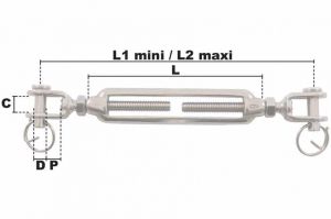 Tendeur à 2 chapes M10 (Inox) - Côtes et dimensions